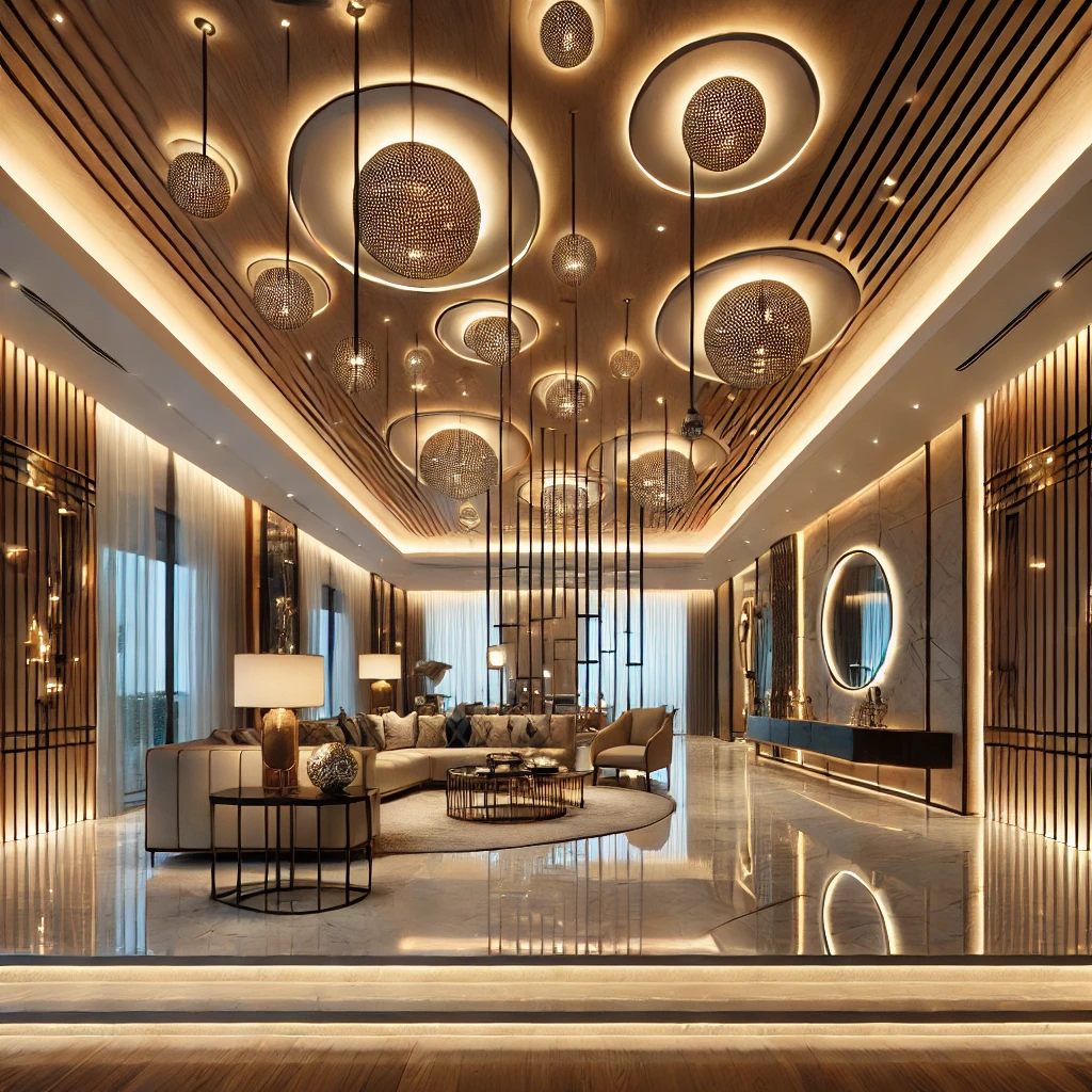 DALL·E 2024-12-20 10.19.25 - Um espaço interior luxuoso com um projeto de iluminação equilibrado, combinando luz natural através de claraboias e luminárias modernas, com luzes LED